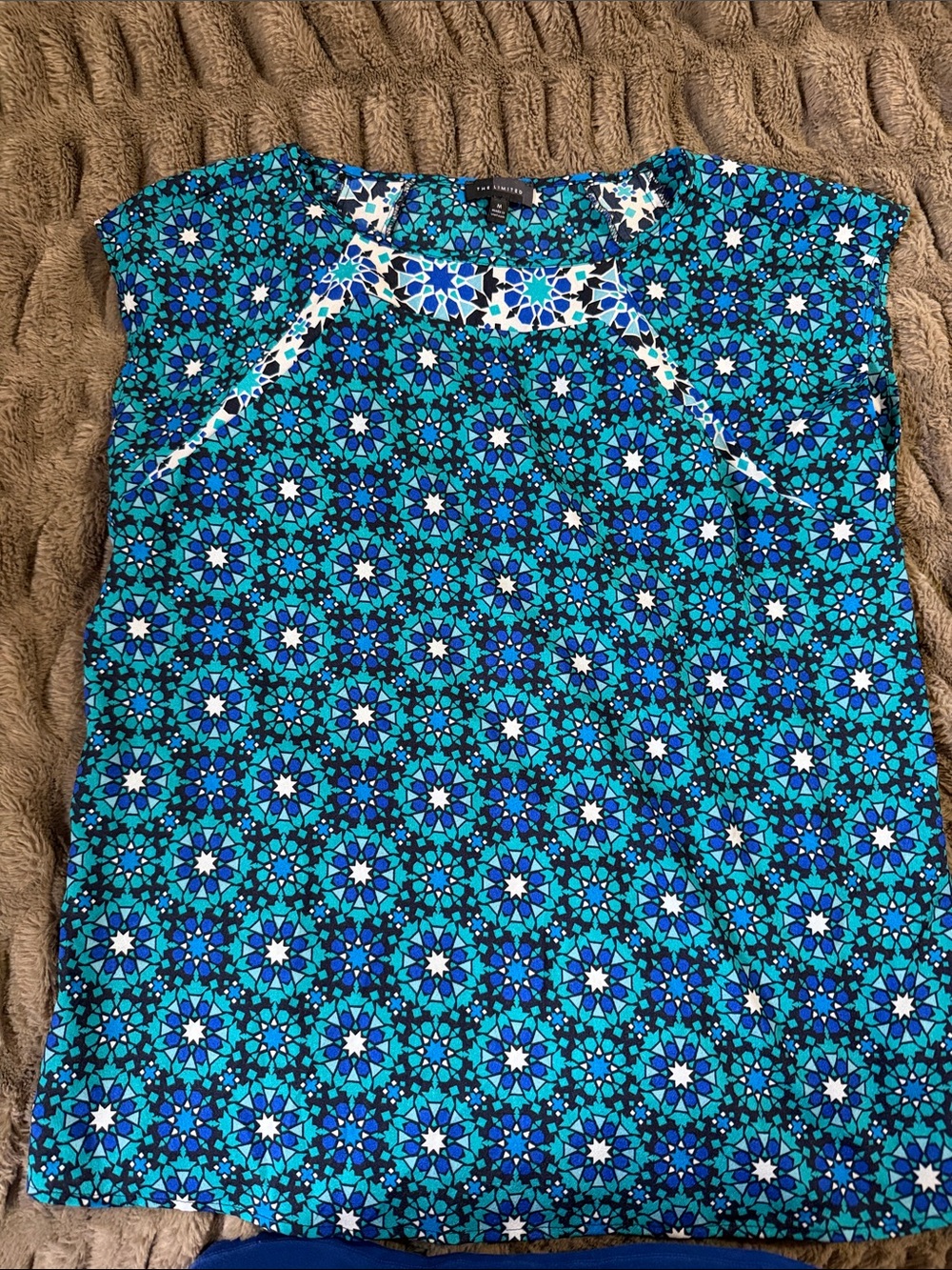 The Limited Turquoise and Blue Geometric Cap Sleeve Top
